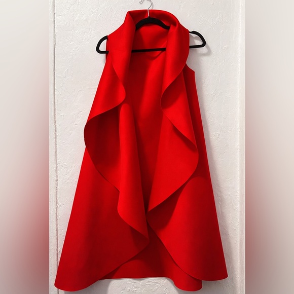 Purchased from a Romanian designer boutique Jackets & Blazers - Red Waterfall Cape Vest / Draped “Capă” Statement Layer (Boutique)